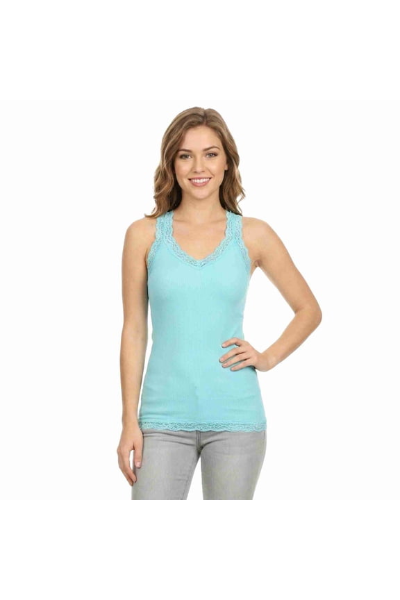 Women's Seamless Lace Trim V-Neck Racerback Tank Top, Aqua, One Size
