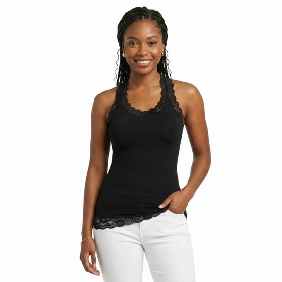 COUVER Women's Seamless Lace Trim V-Neck Racerback Tank Top, Black, One Size