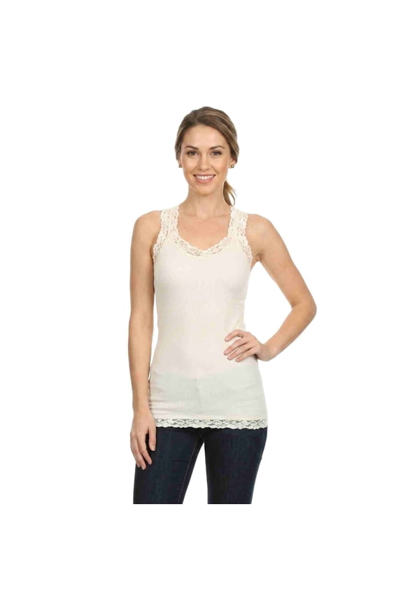 Women's Seamless Lace Trim V-Neck Racerback Tank Top, Ivy, One Size