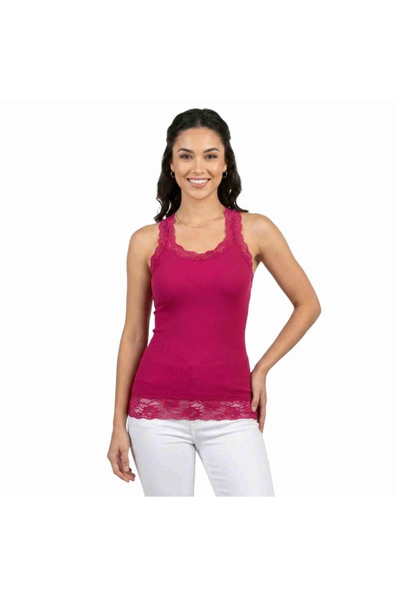 Women's Seamless Lace Trim V-Neck Racerback Tank Top, Raspberry, One Size