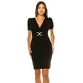 thumbnail image 1 of Women's V-neck Sheath Dress with Buckle Accent and Puff Sleeves - Elegant Office to Even, 1 of 6
