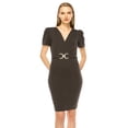 thumbnail image 1 of Women's V-neck Sheath Dress with Buckle Accent and Puff Sleeves - Elegant Office to Even, 1 of 6