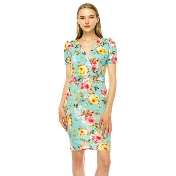 Women's V-neck Sheath Dress with Buckle Accent and Puff Sleeves - Elegant Office to Even
