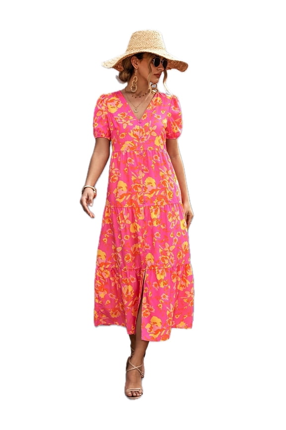 Women's V neck Short Sleeve Midi Dress with High Slit Floral Pattern 95% polyester 5% elastane Lightweight Chic