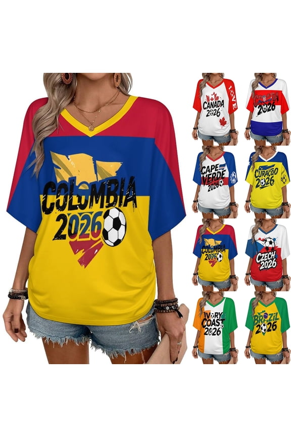 Women's V-neck Short Sleeve Pullover T-shirt with International Country Letter Prints and Casual Fit for Game Day Outings Soccer Fan Events Casual Wear Black S