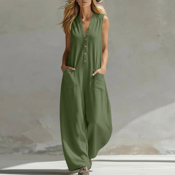 Women's V‑neck Sleeveless Jumpsuit Button Front Wide Leg Loose Romper Pants with Pockets Cotton Casual Vacation Wear Green XXL