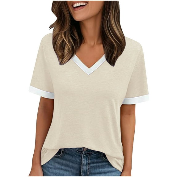 Women's V-neck T Shirts Soft Cotton Tunic Tops Loose Fit Short Sleeve Base Tees Casual Summer Plain Tshirts (2XL, Beige)