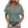 thumbnail image 1 of Women's V-neck Tops Casual Solid Color Hot Breathable Foldable Sleeves Clothes Pullover T-shirt Summer Short Sleeved Shirt Fashion with Buttons(Army Green,5XL), 1 of 6
