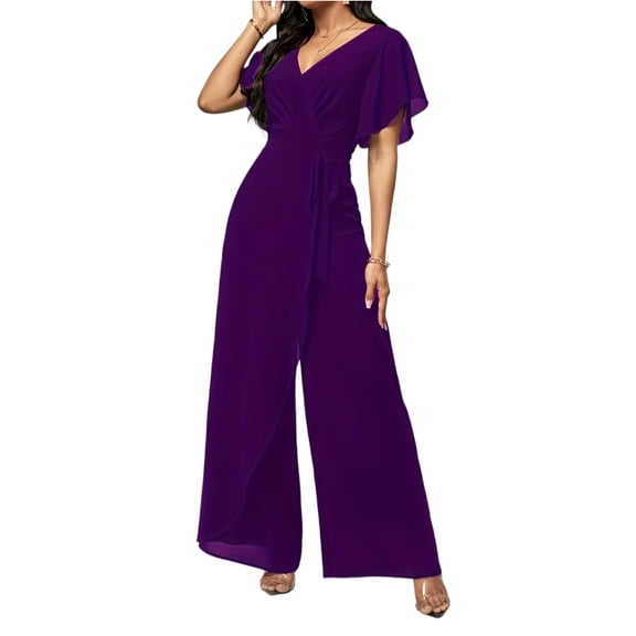 Women's V-neck Waist Cinched Fashionable Jumpsuit Wide Leg Pants