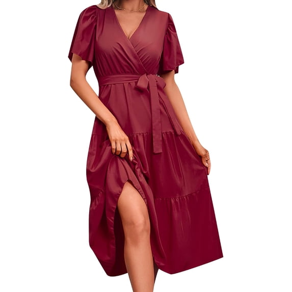 Women's V-neck Wrap Midi Dress Short Puff Sleeve Belted Tiered Slit Flowy Casual Summer Dress