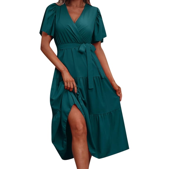 Women's V-neck Wrap Midi Dress Short Puff Sleeve Belted Tiered Slit Flowy Casual Summer Dress