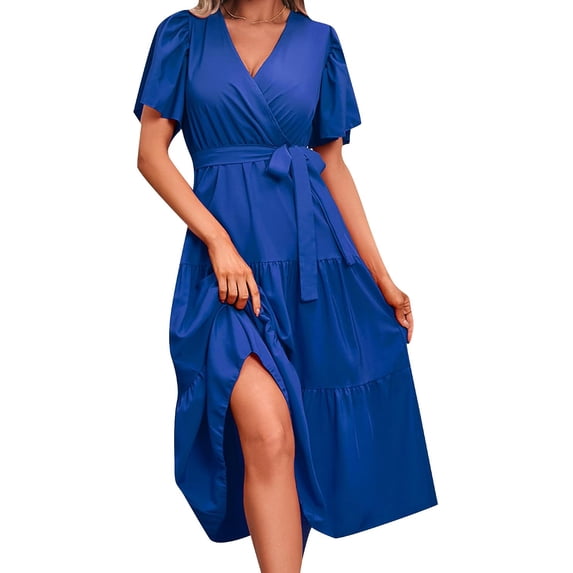 Women's V-neck Wrap Midi Dress Short Puff Sleeve Belted Tiered Slit Flowy Casual Summer Dress