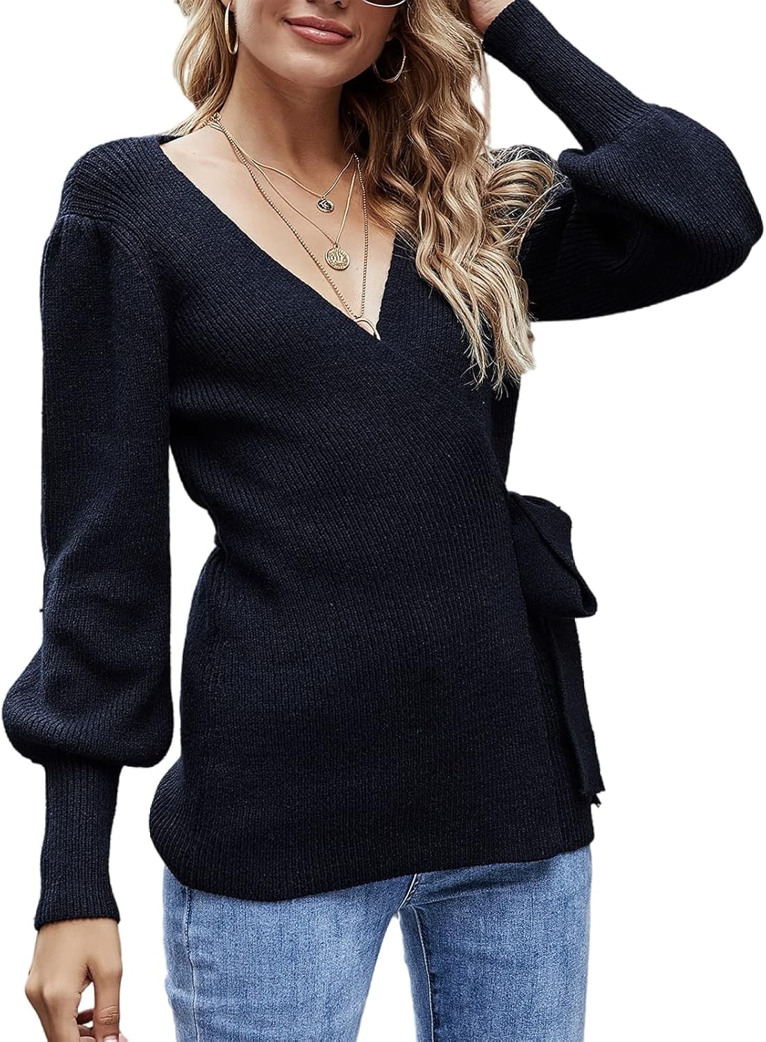 ZXZY Women's Colorblock Stripe Crew Neck Long Sleeve Knitted