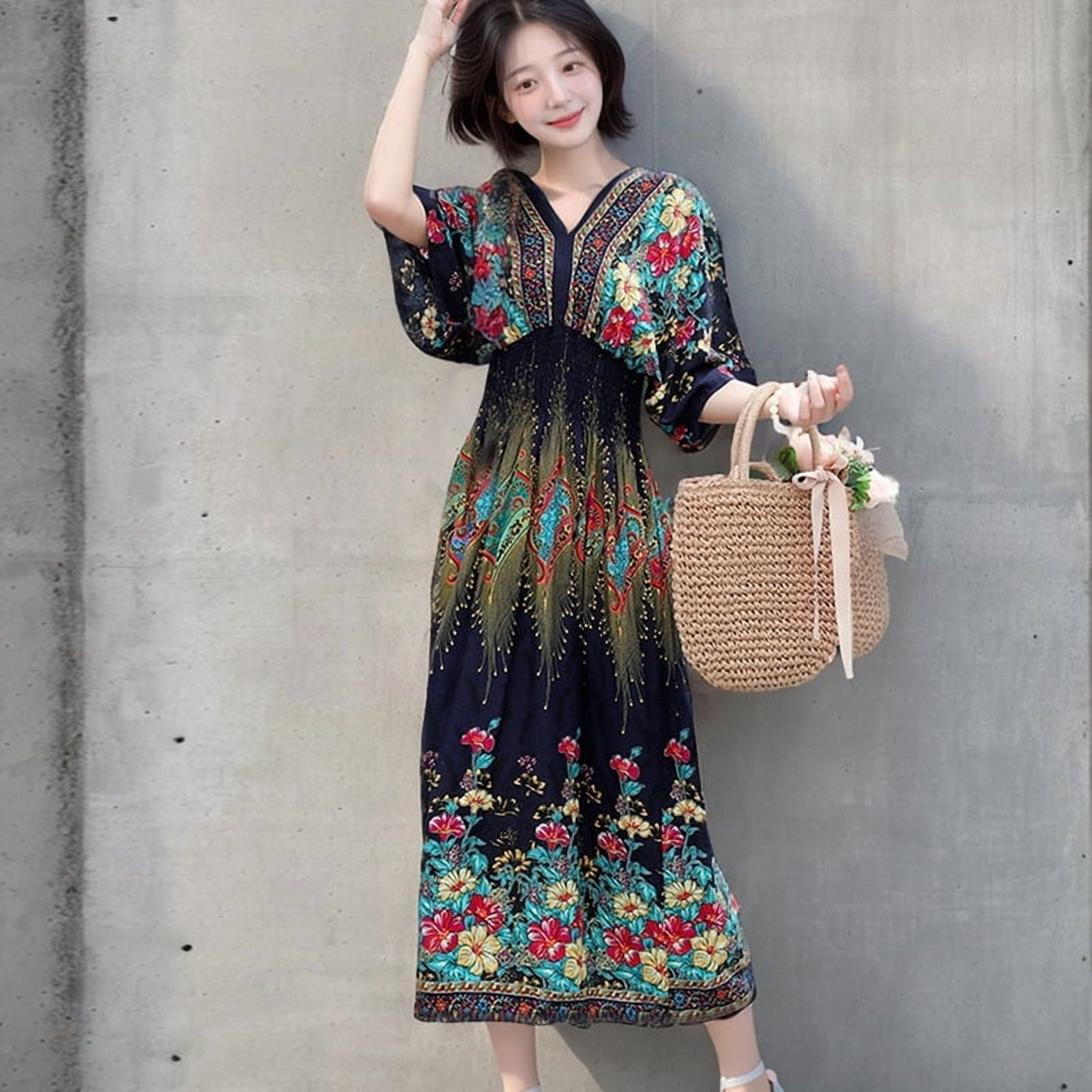 Women's V-neck cotton silk short-sleeve French Thai-style dress, summer printed pastoral style dress for vacation wear