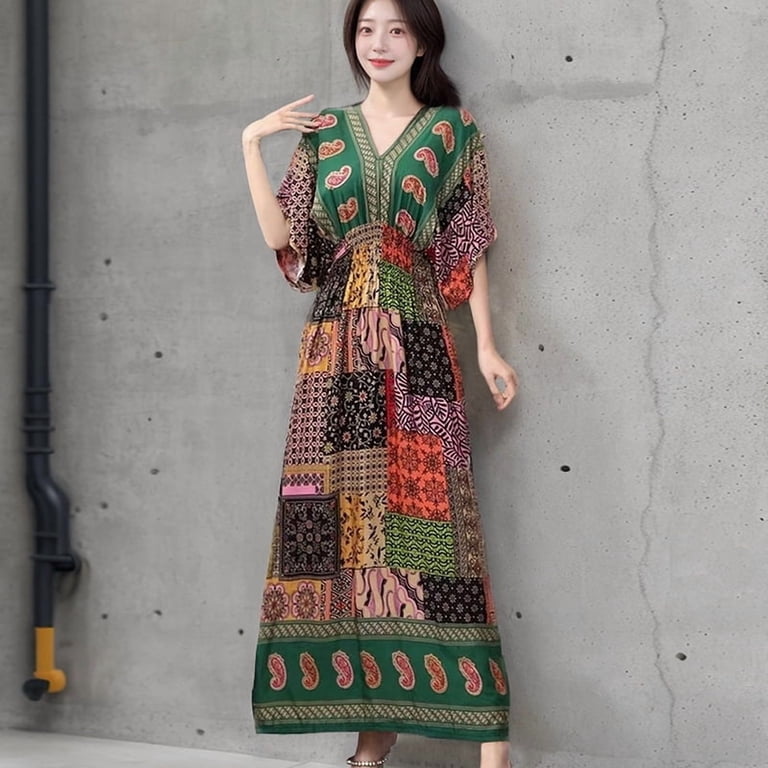 Funpear Women's V-neck cotton silk short-sleeve French Thai-style dress, summer printed pastoral style dress for vacation wear, Adult Unisex, Size: (