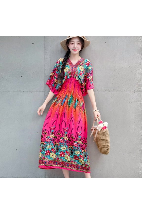 Women's V-neck cotton silk short-sleeve French Thai-style dress, summer printed pastoral style dress for vacation wear
