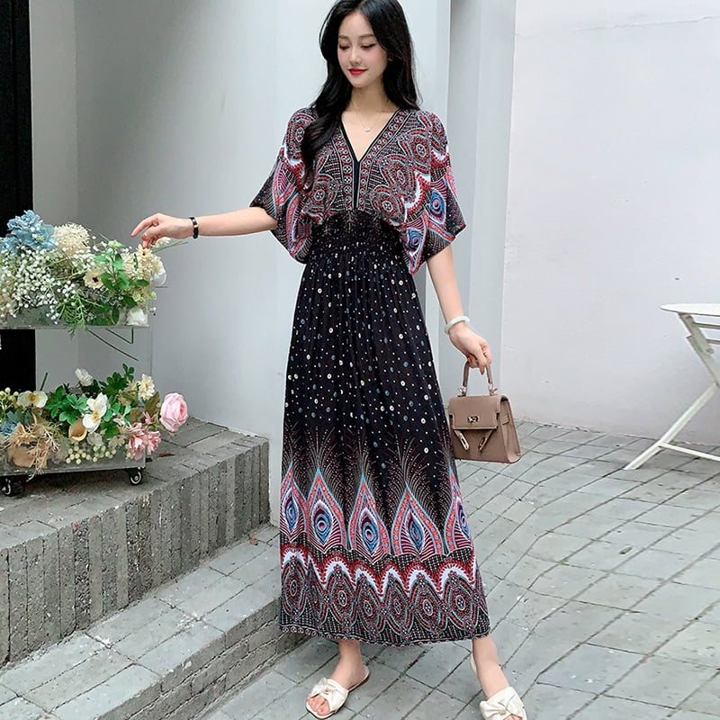 thai cotton dress Women's V-neck cotton silk short-sleeve French Thai-style dress, summer printed pastoral style dress for vacation wear