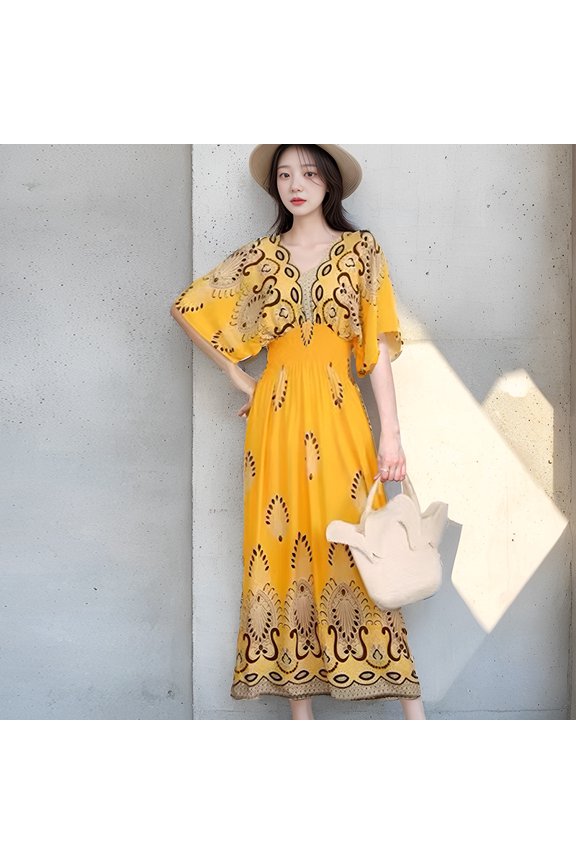 Women's V-neck cotton silk short-sleeve French Thai-style dress, summer printed pastoral style dress for vacation wear