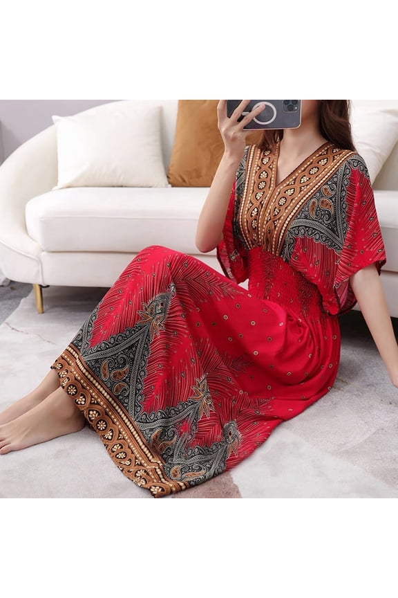 Women's V-neck cotton silk short-sleeve French Thai-style floral dress, summer printed pastoral style dress for vacation