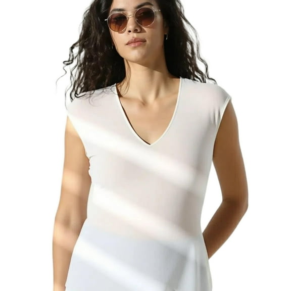 Shadowsong Women's V-Neck Knit Sleeveless T-Shirts, White, Size M