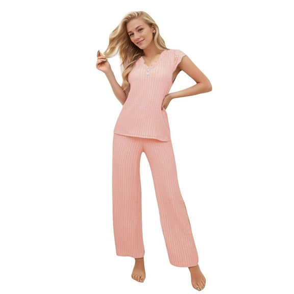 Women's V-neck lace cropped short-sleeved top elastic waist tight trousers pajama set