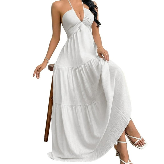 Women's V-neck sleeveless summer maxi dress - Lightweight Halter Neck Summer Dress with A-Line Silhouette