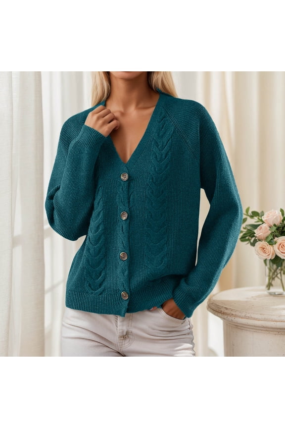 Women's V-sleeve Solid Color Long Sleeved Breasted Casual Fashion Sweater Cardigan