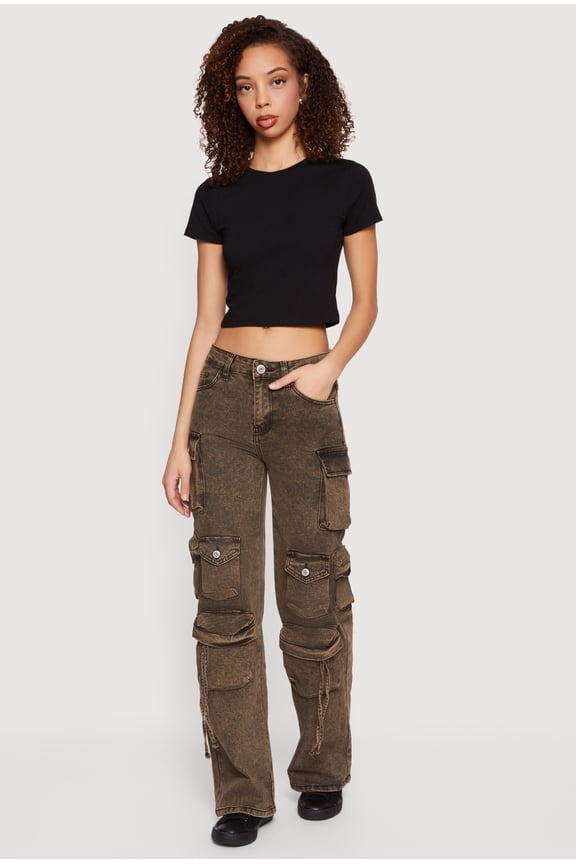 Women's VIP Mid Rise Acid Wash Multi Cargo Pocket Jeans