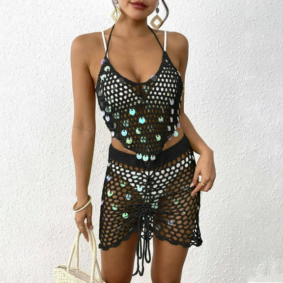 Women's Vacation Beach Wear Sparkling Crochet Two Piece Bikini Set With Cover Up Swimsuit Cover up Pants Mesh Cover up Pants Long Mesh Beach Cover up Fishnet Swimsuit Cover Ups for Women Beach Cover