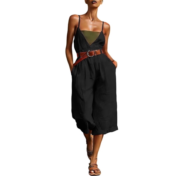 Women's Vacation Capri Jumpsuits Spaghetti Strap Wide Leg Linen Rompers Deep V Neck Sleeveless Cropped Jumper Black, L