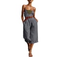 thumbnail image 1 of Women's Vacation Capri Jumpsuits Spaghetti Strap Wide Leg Linen Rompers Deep V Neck Sleeveless Cropped Jumper Dark Gray, XL, 1 of 7