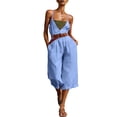 thumbnail image 1 of Women's Vacation Capri Jumpsuits Spaghetti Strap Wide Leg Linen Rompers Deep V Neck Sleeveless Cropped Jumper Light Blue, M, 1 of 7