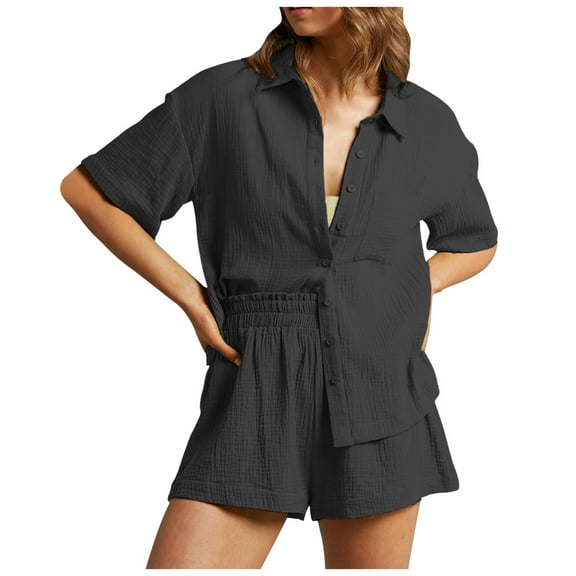 Women's Vacation Fashion Casual Suit Solid Color Summer Shorts And Shirt Top Two Piece Sets Lapel Single Shirt Sexy Slim Suits