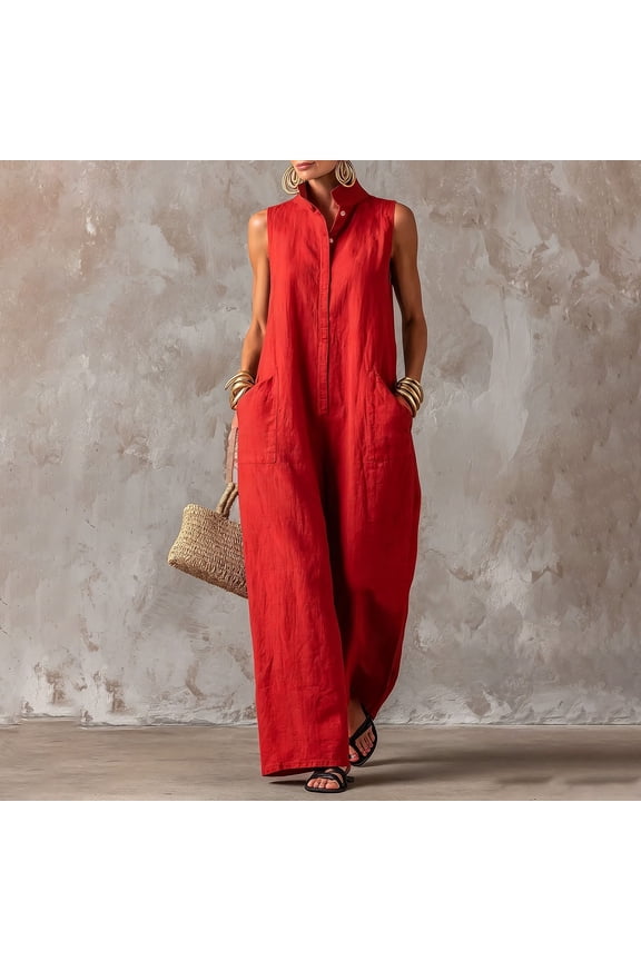 Women's Vacation Jumpsuit, Sleeveless Stand Collar Button-Down, Loose Wide Leg One-Piece For Summer Travel & Resort Wear Red L