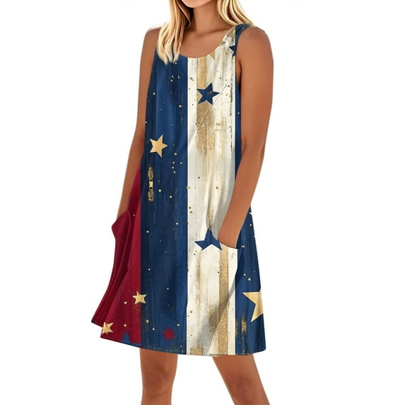 Women's Vacation-Ready Sundress, Sleeveless Square Neck Summer Dress with Patriotic Print, Ideal for Tropical Getaways,Blue L