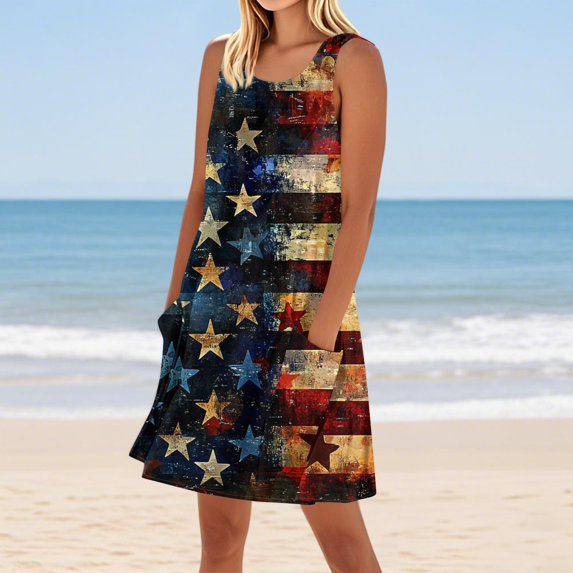 Women's Vacation-Ready Sundress, Sleeveless Square Neck Summer Dress with Patriotic Print, Ideal for Tropical Getaways,Dark Blue XL