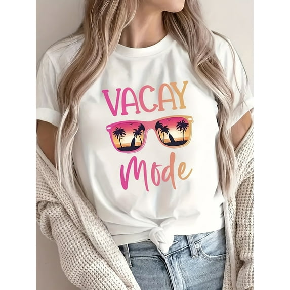 Women's "Vacay Mode" Graphic T-Shirt - Casual Round Neck, Short Sleeve, Cotton Top with Colorful Fashion Glasses & Palm Tree Design, Perfect for Spring/Summer