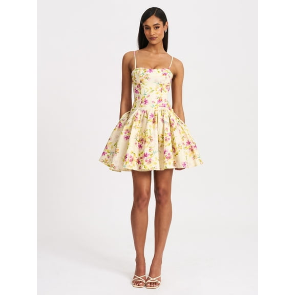 Women's Valda Yellow and Pink Print Linen Mini Dress with Pockets