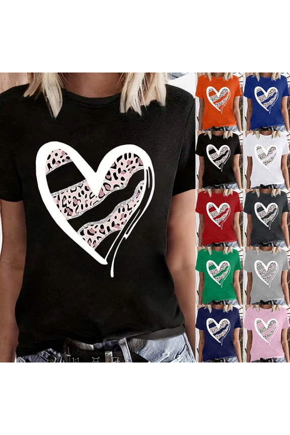 Women's Valentine 3/4 Sleeve Round Neck Shirt Funny Leopard Heart Graphic Tee Casual Couple Top Blouse Pink L