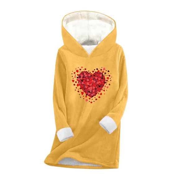 Women's Valentine Base Layer Hoodie Long Sleeve Fleece Lined Printed Underwear Top Yellow M