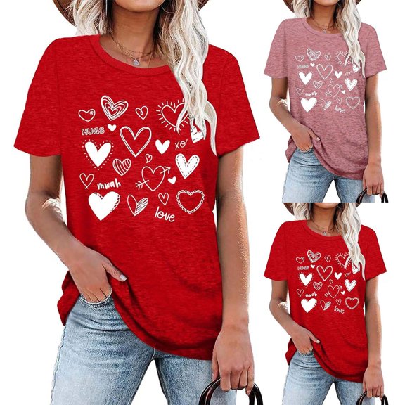 Women's Valentine Blouses Plus Size Short Sleeve Letter Print Tops Loose Crew Neck Couple Date Gifts Love Festive Casual Valentines T Shirt