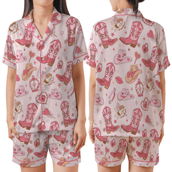 Women’s Valentine Cowgirl Pajamas Set, Pink Western Boots & Cupid Print Satin Sleepwear, Cute Heart Pattern Loungewear Gift