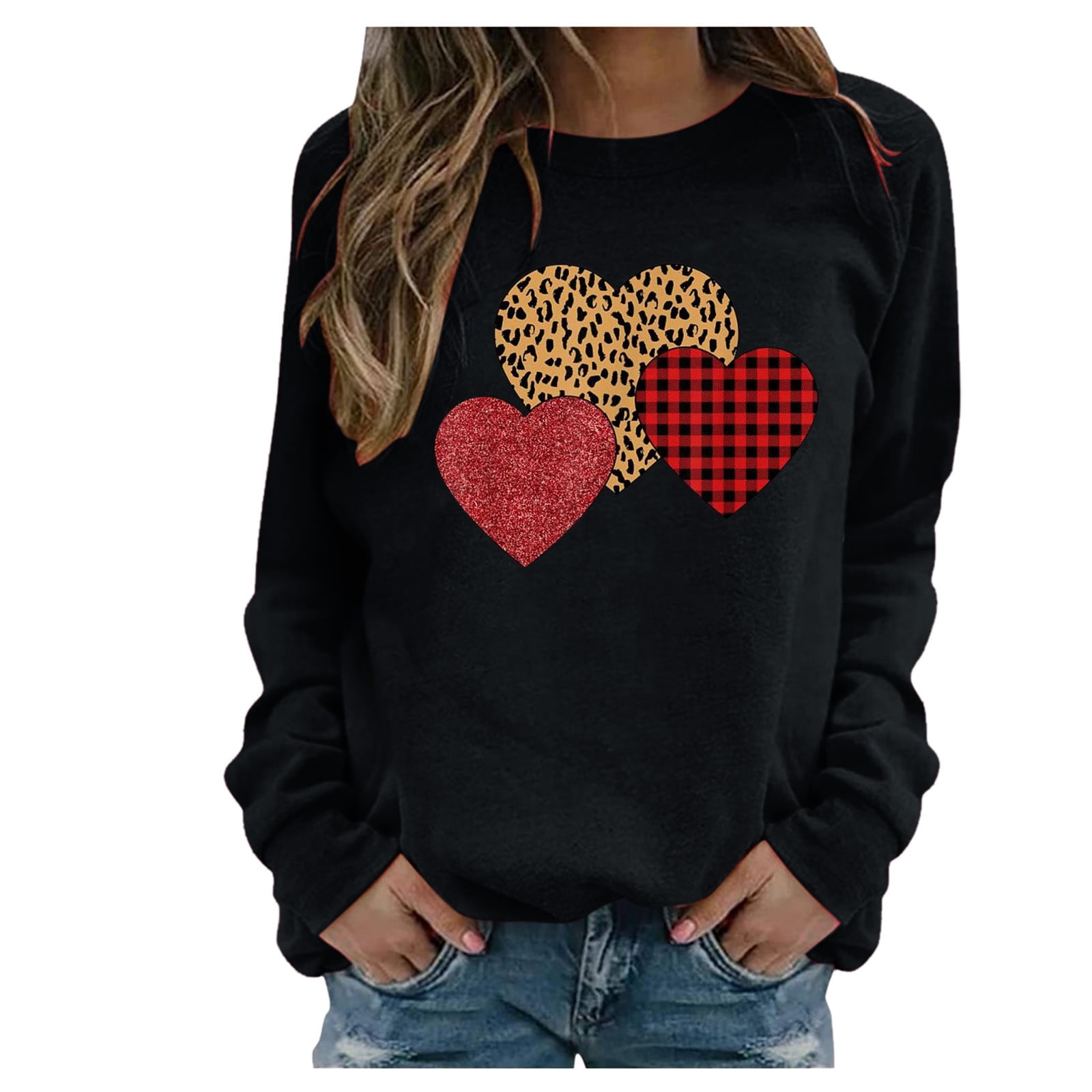 Women's Valentine Day Tops Sweater Heart Graphic Long Sleeve Crew Neck ...