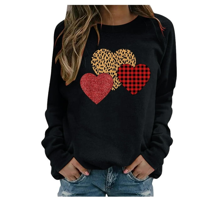 Women's Valentine Day Tops Sweater Heart Graphic Long Sleeve Crew Neck
