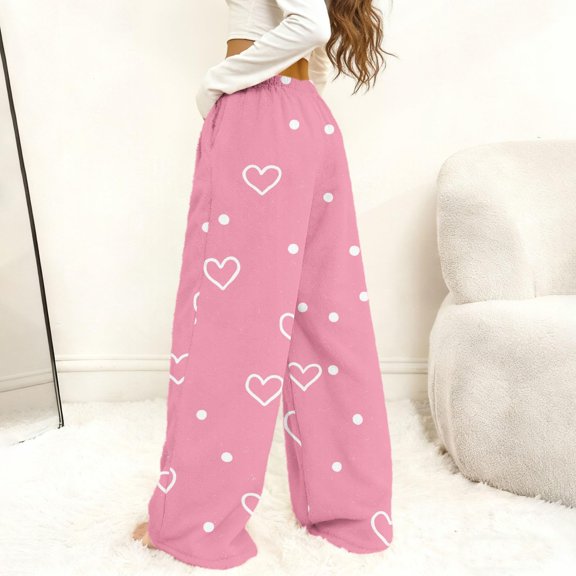 Women's Valentine Heart Print Plush Pants Flannel Fuzzy Elastic Waist Wide Leg Loungewear Pants