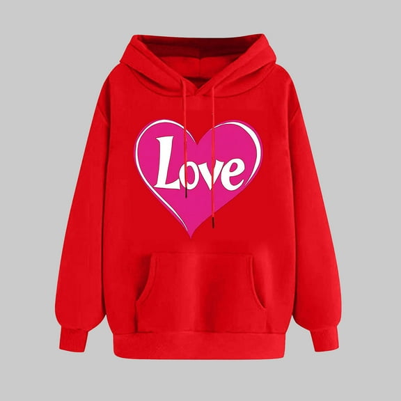 Women's Valentine Heart Print Sweatshirt Hooded Pullover Tops Long Sleeved Comfortable Sweatshirt Red L