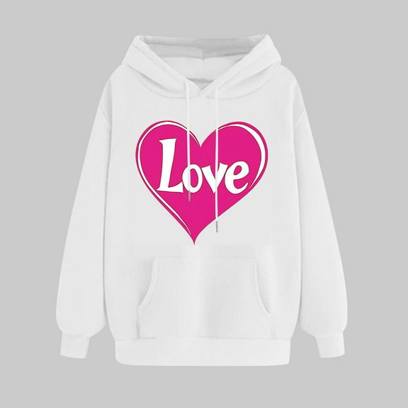 Women's Valentine Heart Print Sweatshirt Hooded Pullover Tops Long Sleeved Comfortable Sweatshirt White S