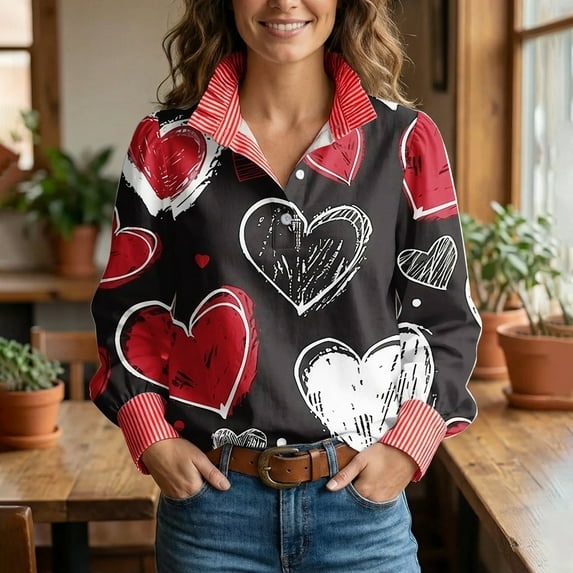 Women's Valentine Heart Shirt Long Sleeve Button Up Shirt Dressy Lapel Collared Blouses Cute Casual Outfits