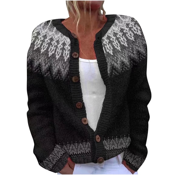 Women's Fair Isle Sweater Ethnic Vintage Argyle Knit Outwear Colorful Boho Icelandic Button Cardigan Gray L