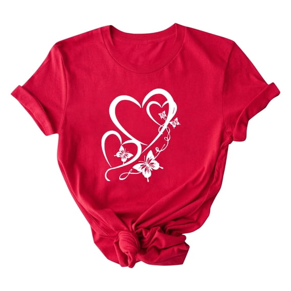 Women's Valentine Shirts Crew Neck Short Sleeve Cute Graphic Print Pullover Casual Loose Stylish Tops (M, Red-M)